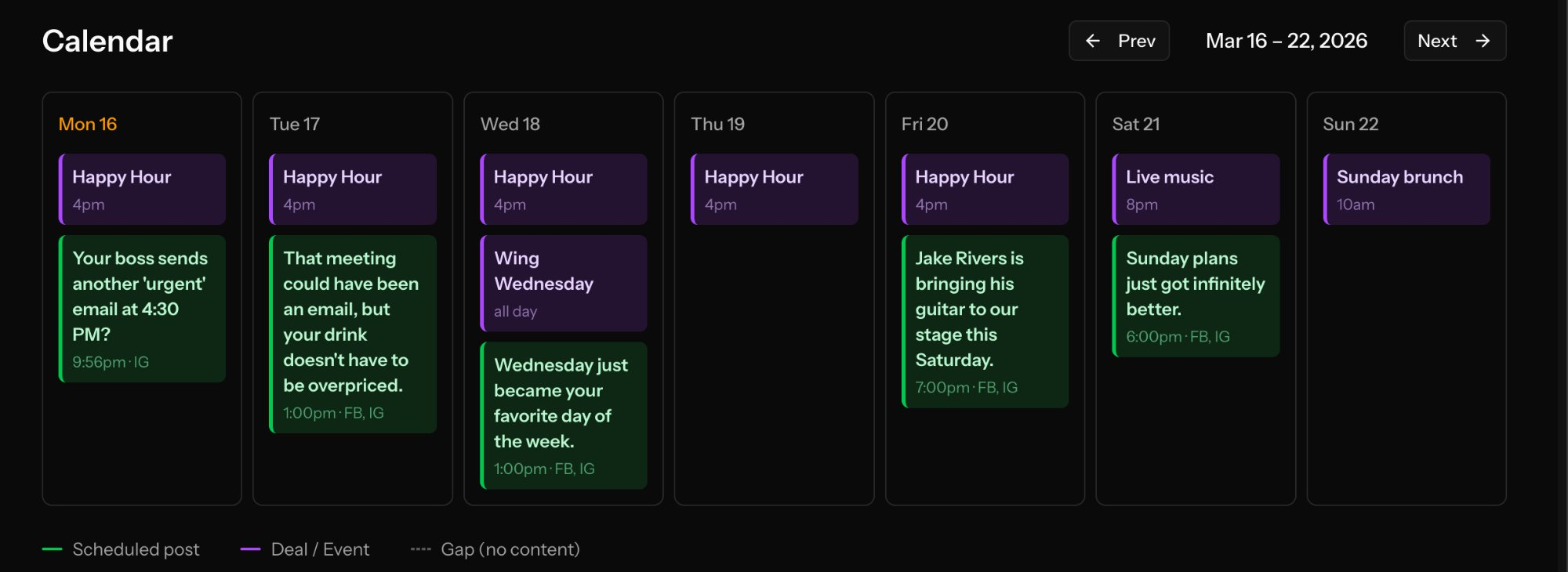 Downlocal calendar showing Happy Hour automatically scheduled Monday through Friday