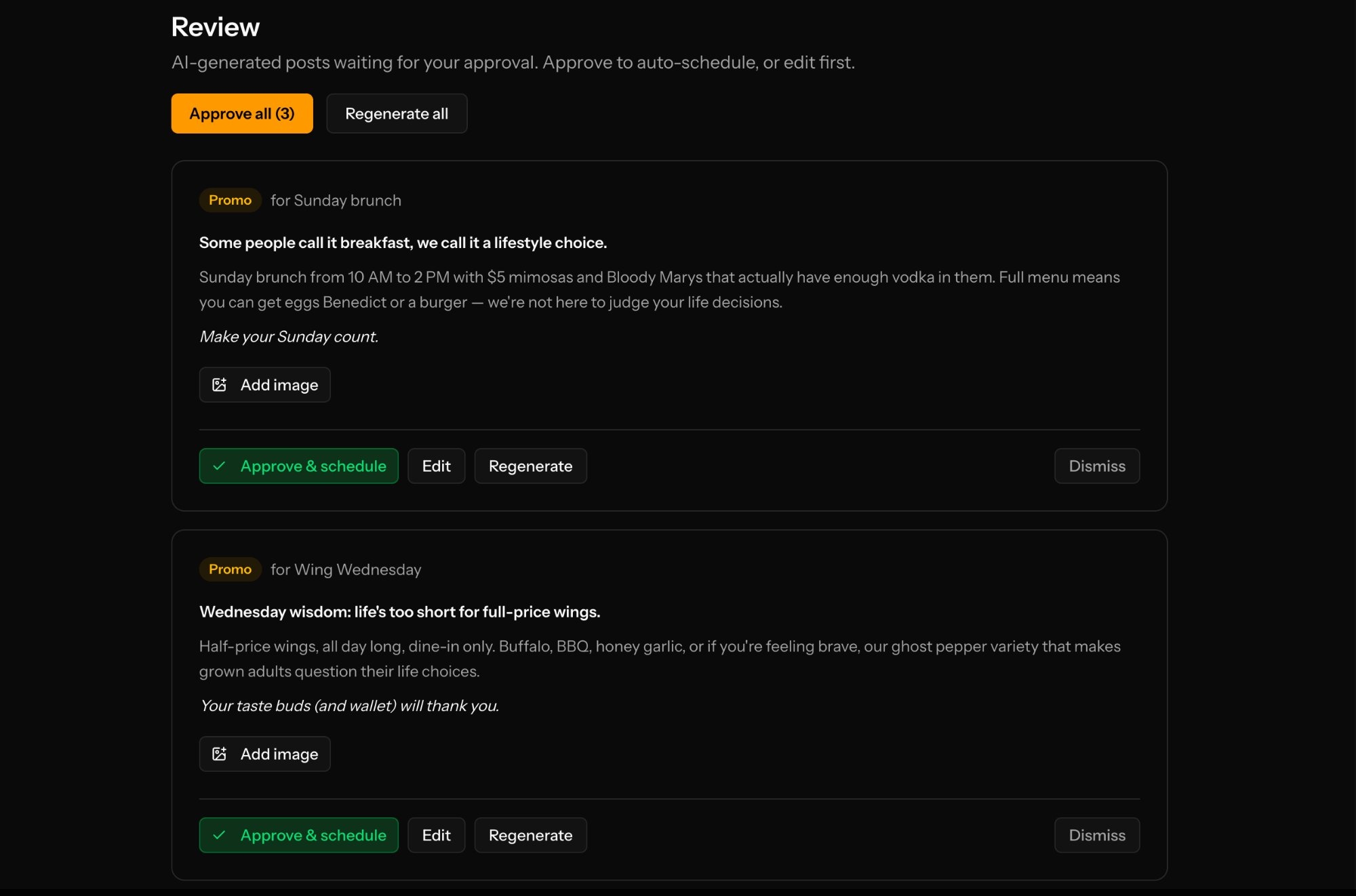 Downlocal review page showing AI-generated posts ready to approve